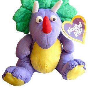 Vintage Triceratops Dinosaur Neon Purple Nylon Squeaker Plush Toy Playful Pals